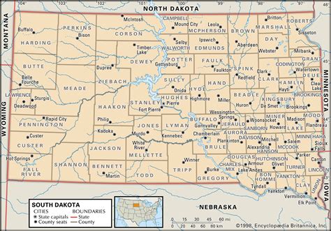 Map of South Dakota with cities